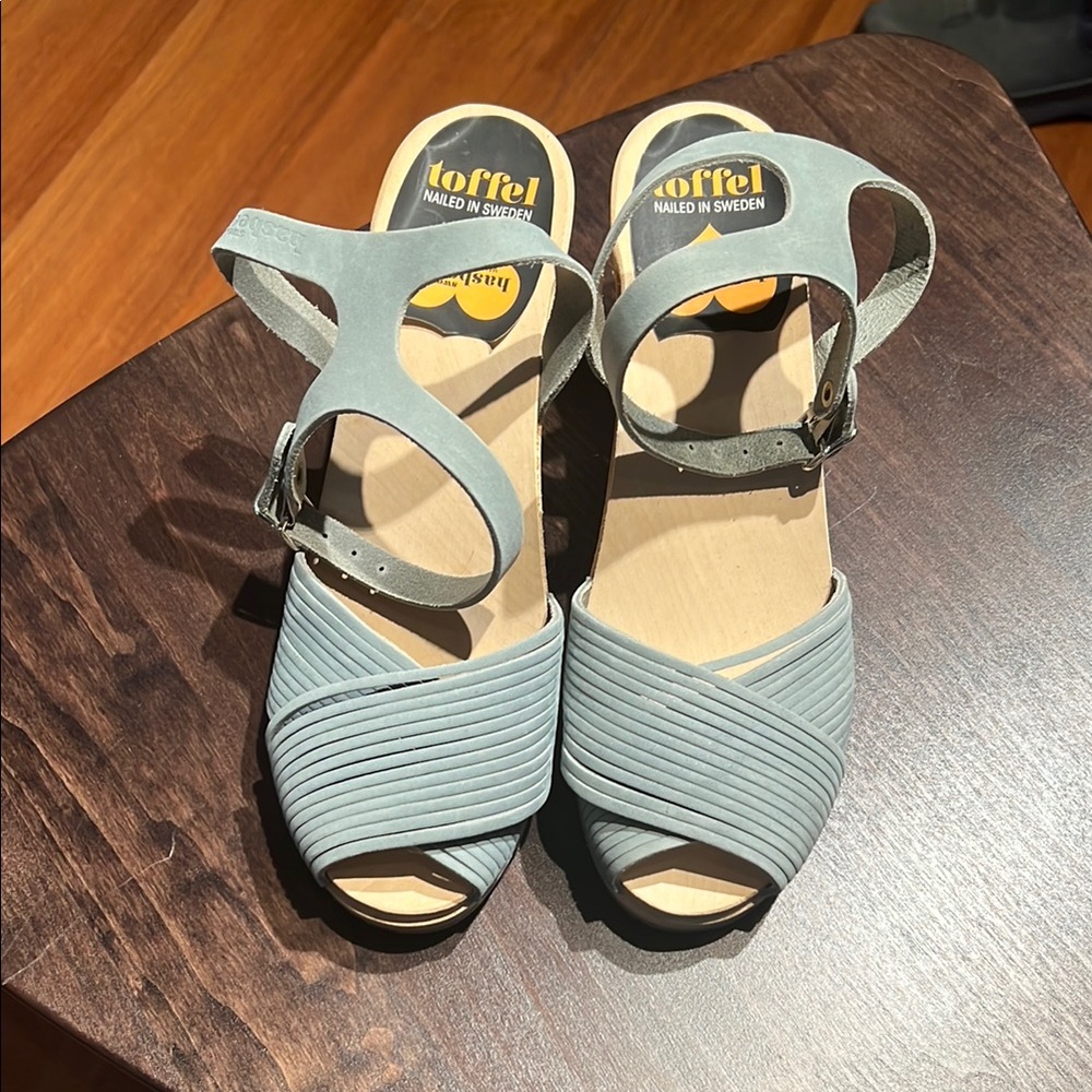 Swedish Hasbeens Pale Blue Sandals Retro-Inspired Peep-Toe